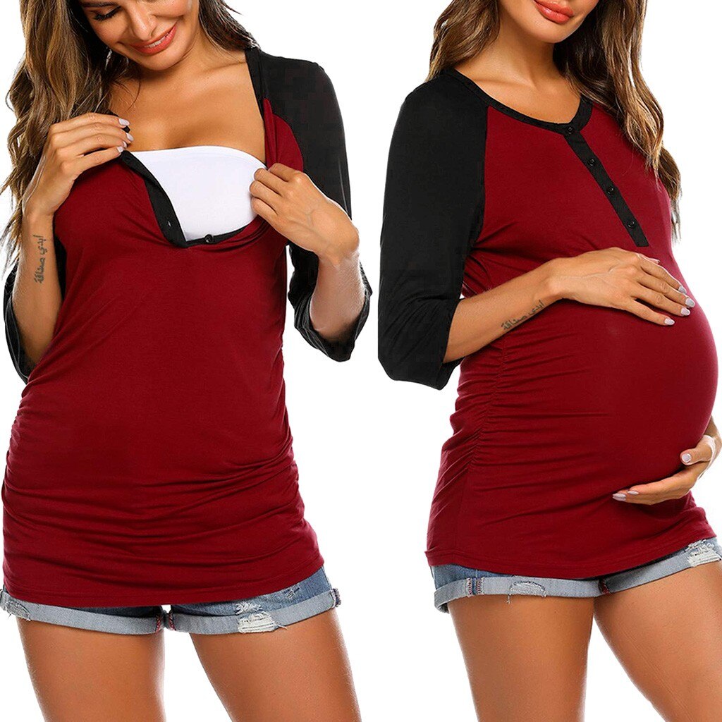 maternity dresses winter nursing top Women Maternity 3/4 Sleeve Solid Color Nursing Tops T-shirt For Breastfeeding: Wine / M