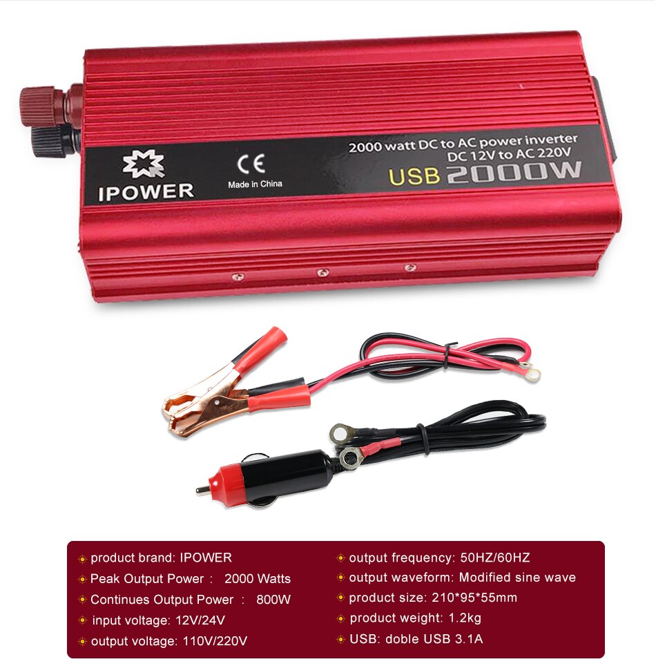 Inverter12v 220v 2000W Car Inverter Universal Plug Full Power 2USB Power Inverter Solar Inverter Power Adapter inverter 12v 230V