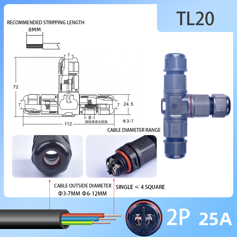 IP68 Waterproof Electrical Connector LED Light Cable Connector,TL20 XL20 2/3P Screws wiring Connector Box For Used Underground: army green / Line Connector