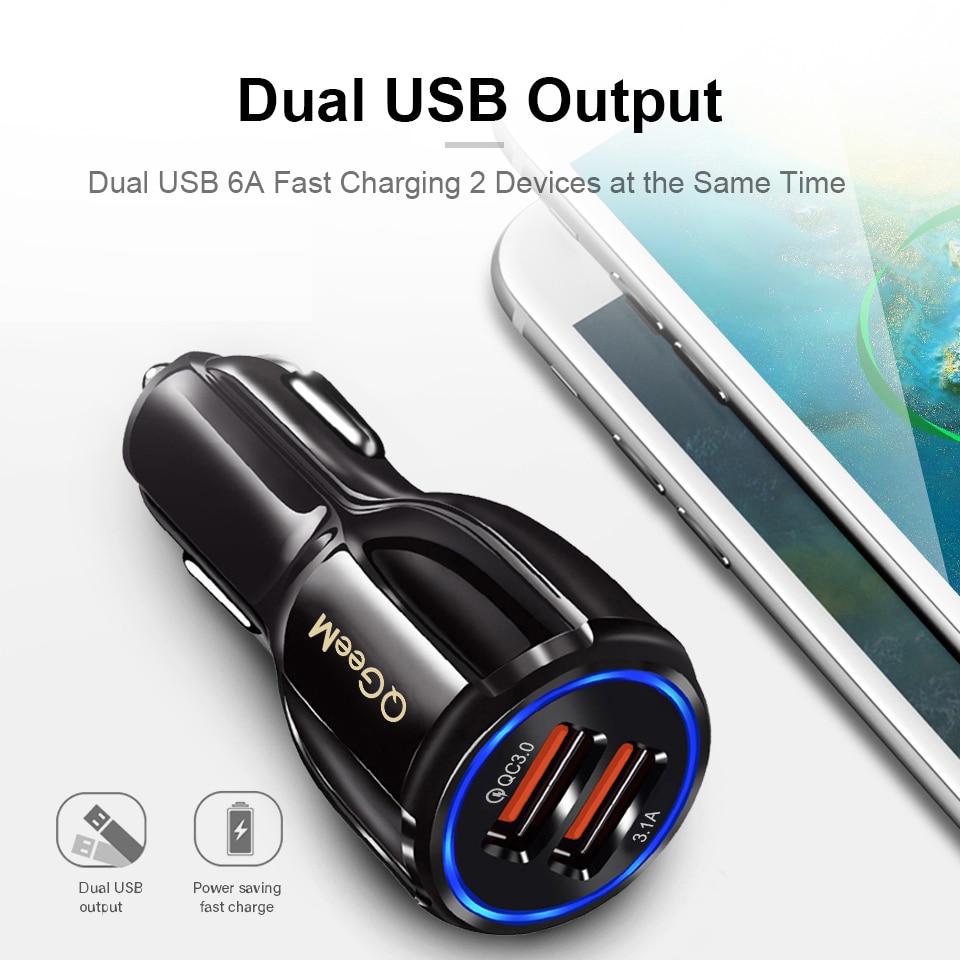 Qgeem Dual Usb Qc 3.0 Autolader Quick Charge 3.0 Telefoon Opladen Auto Snellader 2 Poorten Usb Draagbare Oplader voor Iphone Xiaom