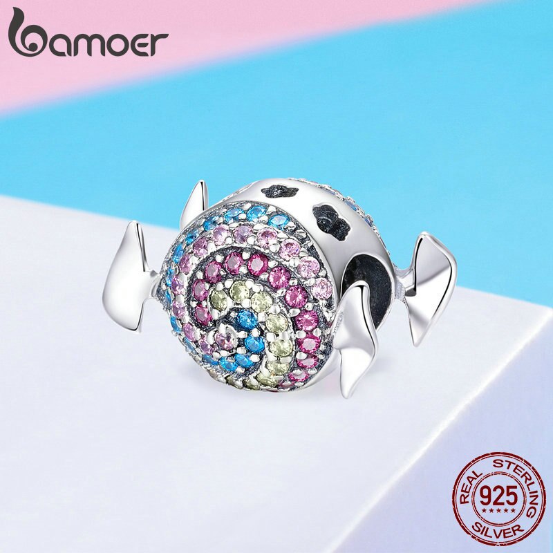 Amuletos de arcoíris de caramelo de Plata de Ley 925 de BAMOER, abalorios coloridos de Circonia cúbica, pulseras, collares, accesorios de joyería DIY SCC898