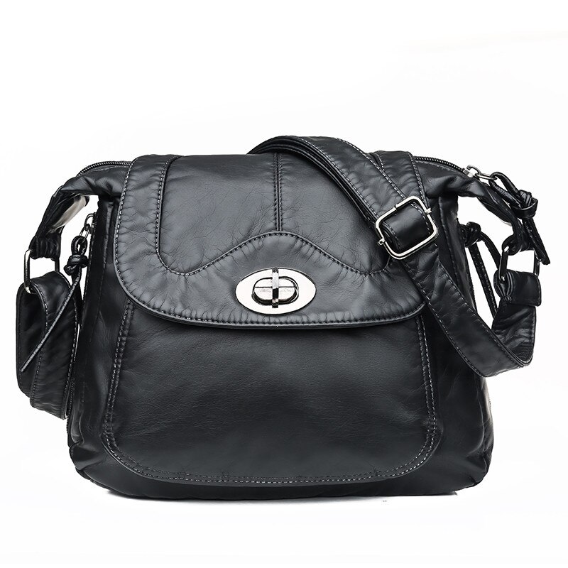 Winter Crossbody Schoudertassen Voor Vrouwen Vintage Handtas Vrouwelijke Zachte Gewassen Lederen Portemonnees En Handtassen Tassen Sac: Black