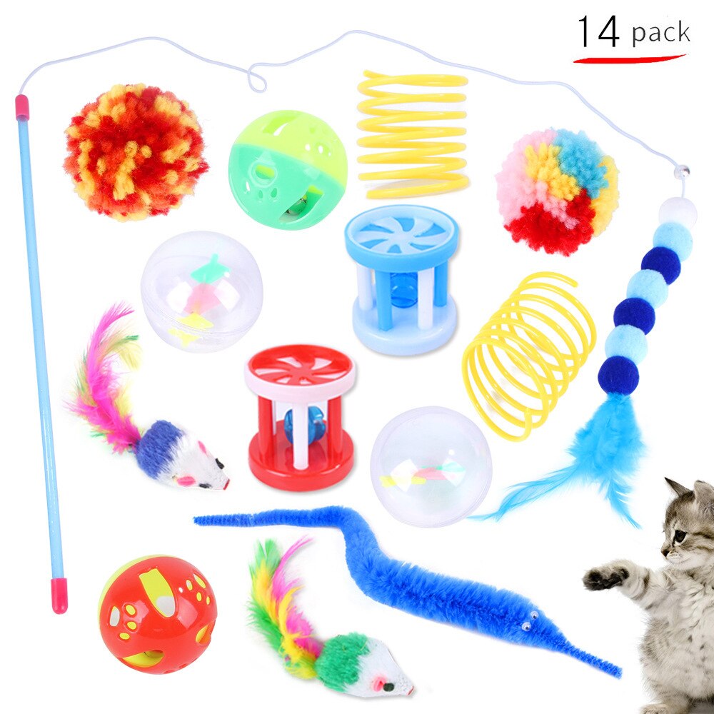 Jouets en forme de souris pour chat, boules en forme de souris, formation pour chaton, ensemble de jouets amusants interactifs, bâton d'herbe à chat, boule de cloche en Sisal, fourniture pour animaux de compagnie,: 14pcs cat toys