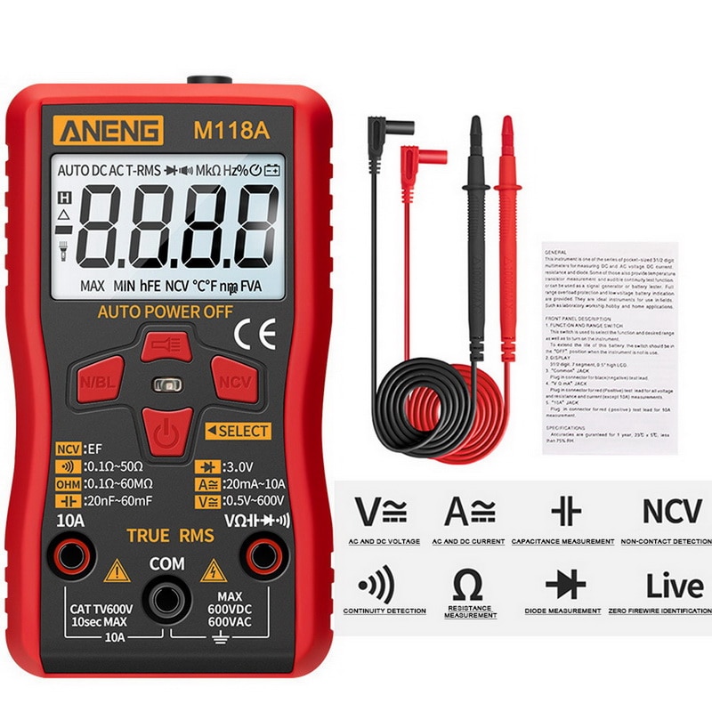 Digitale multimeter ac/spannings-/stroommeter ncv-tester meter capaciteitsmeter smart auto range