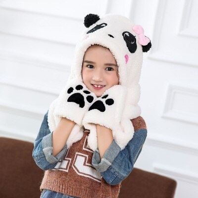 3 in 1 functies dier cartoon koraal fleece sjaal winter mooie panda muts met handschoenen voor kinderen volwassenen kerst: Kinderstrikje
