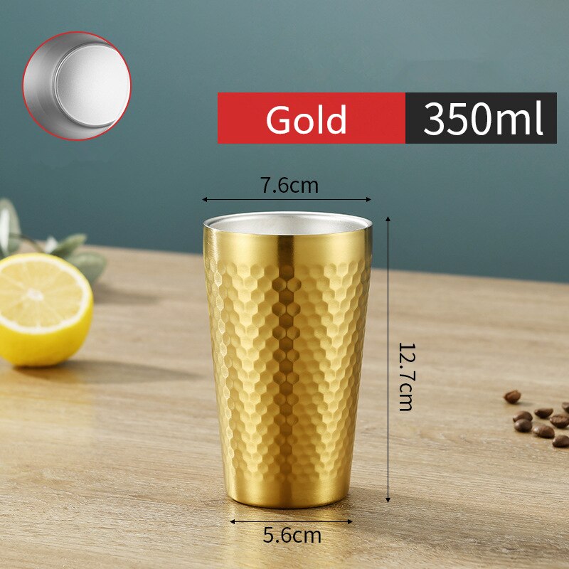 Stackable Stainless Steel Beer Cups Unbreakable Drinkware Bar Mug Double Layer Mugs Coffee Tea Cup: Gold 350ML