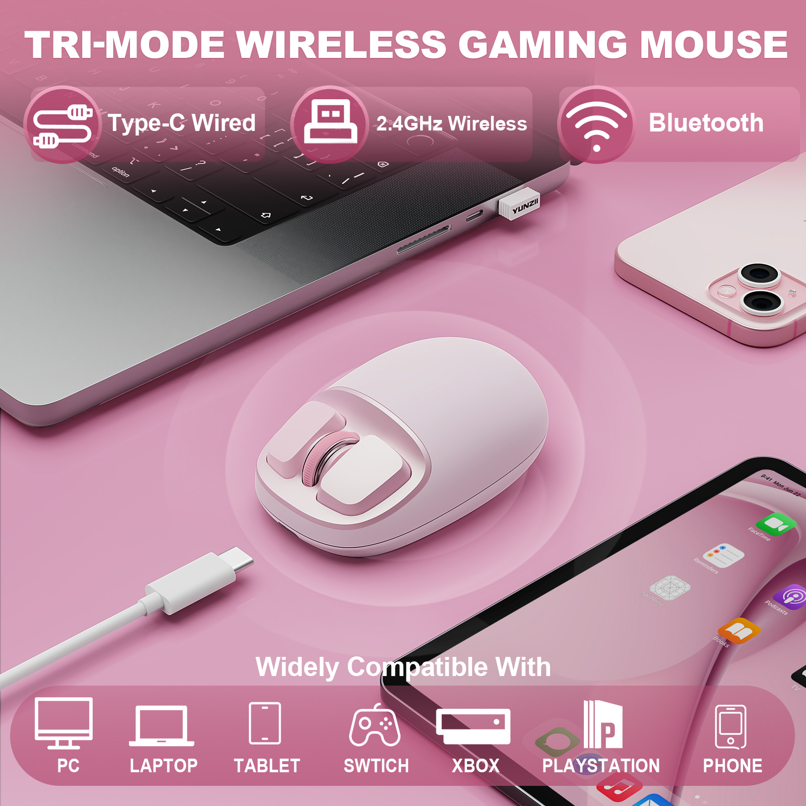 YUNZII C1 Spielen-Maus Tri 2,4G/USB-C/Bluetooth 6 DPI-Stufen Optische Verfolgung-Technologie Silikon Anpassbare Kabellose Maus für sterben Arbeit