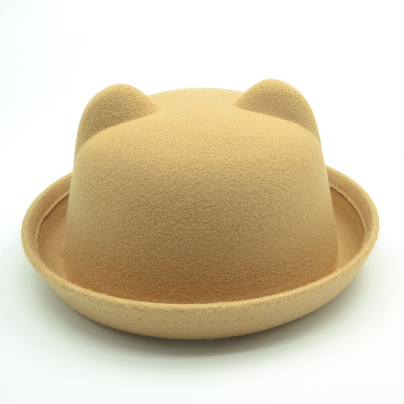 Cute child bowler hat wool felt Fedora hats for Women Girls Children solid Cat Ear formal cap trilby Sombrero Derby: Khaki