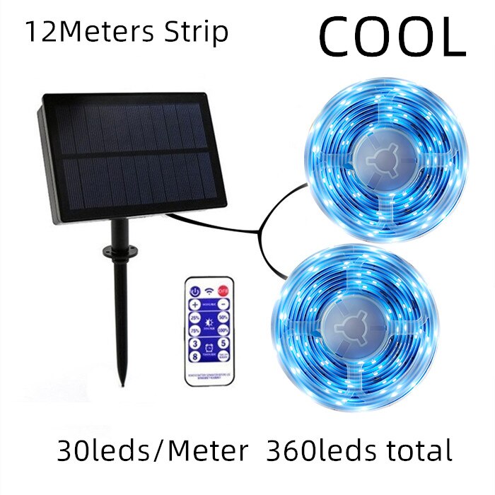 Gylbab-tiras de luces LED solares, 8 modos, Control remoto, 3 m6m12m 90, exterior, impermeable, noche, para garaje, césped y jardín: 12m cool white