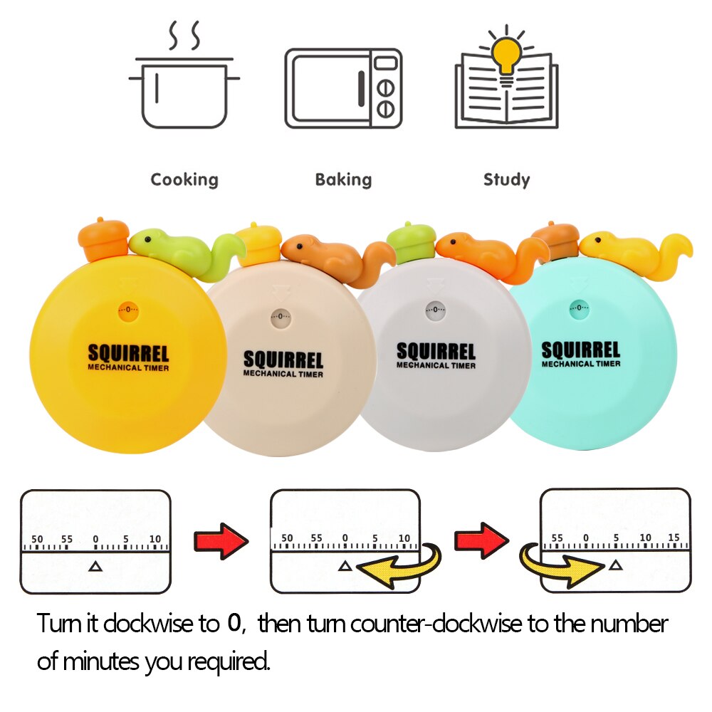 HILIFE Magnet 60 Minutes Kitchen Timers Countdown Alarm Reminder Cute Squirrel Mechanical Timer Cooking Reminders Tools