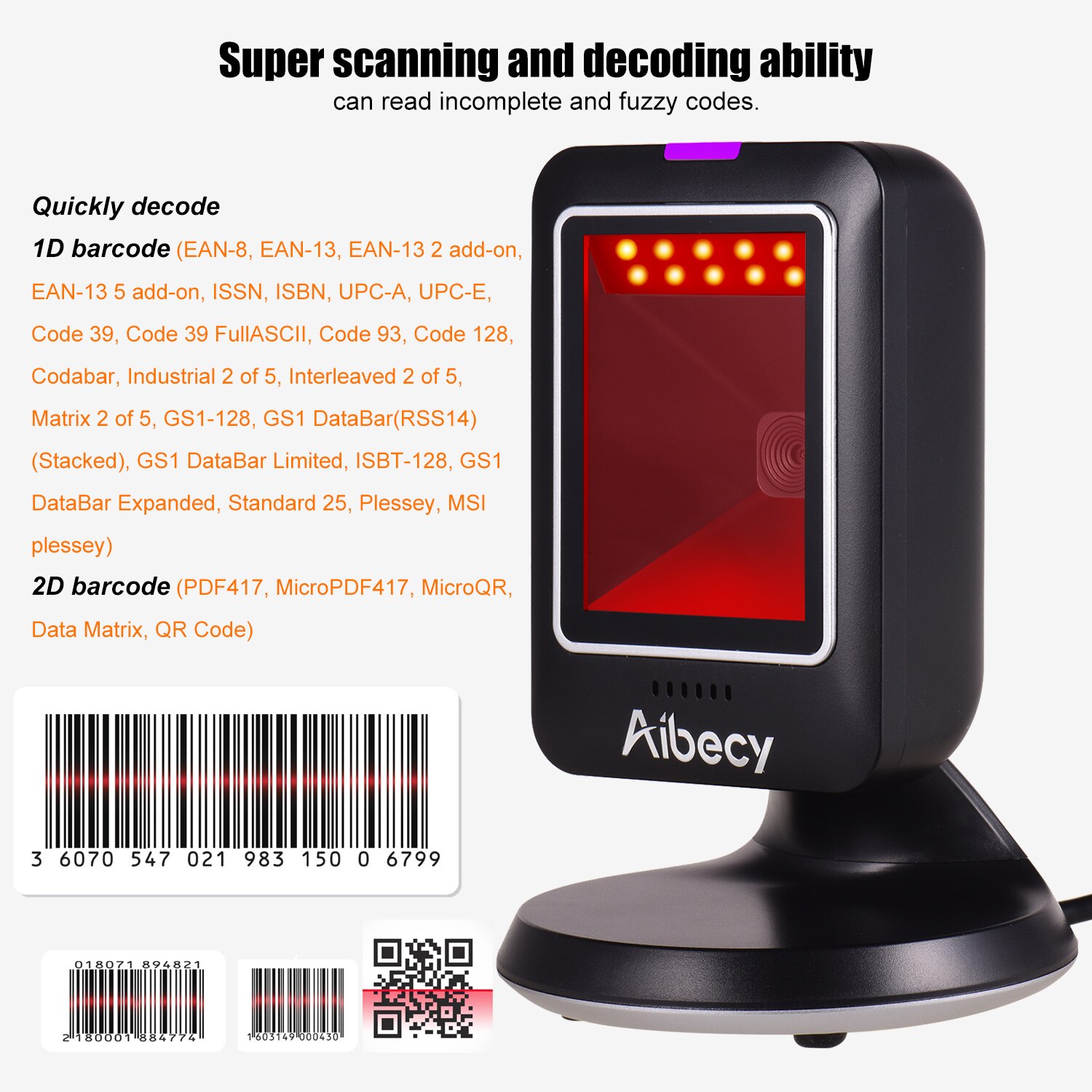 Aibecy 1D/2D/QR MP6300Y Omnidirektionale Barcode Scanner USB Verdrahtete Bar Code Leser CMOS Hand-Freies QR Code Scanner für Einzelhandel