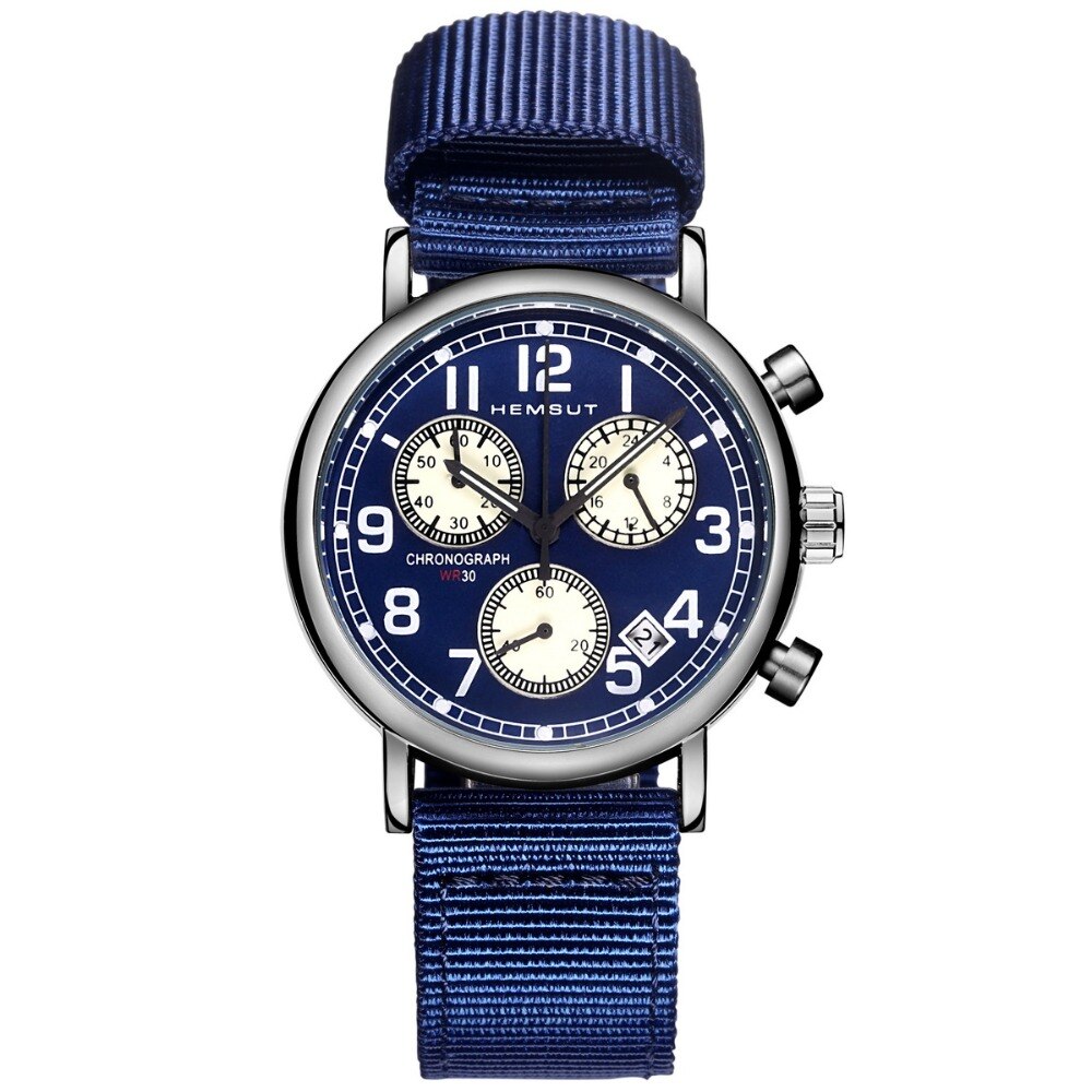 Hemsut, reloj deportivo de para hombre, relojes de pulsera luminosos de cuarzo con cronógrafo, correa de lona verde, reloj masculino: Azul