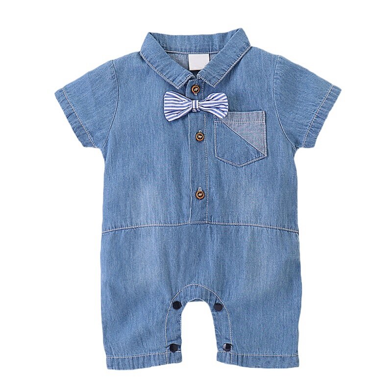 Spædbarn baby dreng denim bukser sød cowboy slips korte ærmer bukser med lomme børn drenge jumpsuit nyfødt tøj 34: B / 9m