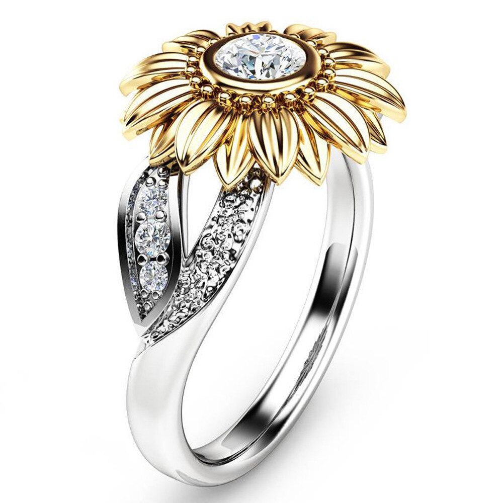 Nuevos anillos de boda con cristal de girasol adorables de Color plata oro para mujer con diamantes de imitación CZ: 8
