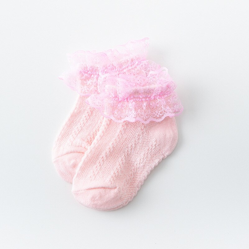 Blonde flæsestrømper børn åndbar bomuldsnet baby pige ankel korte sokker billige ting ensfarvet prinsesse børn sok småbørn: Lyserød -1pc / 2-3 år gammel