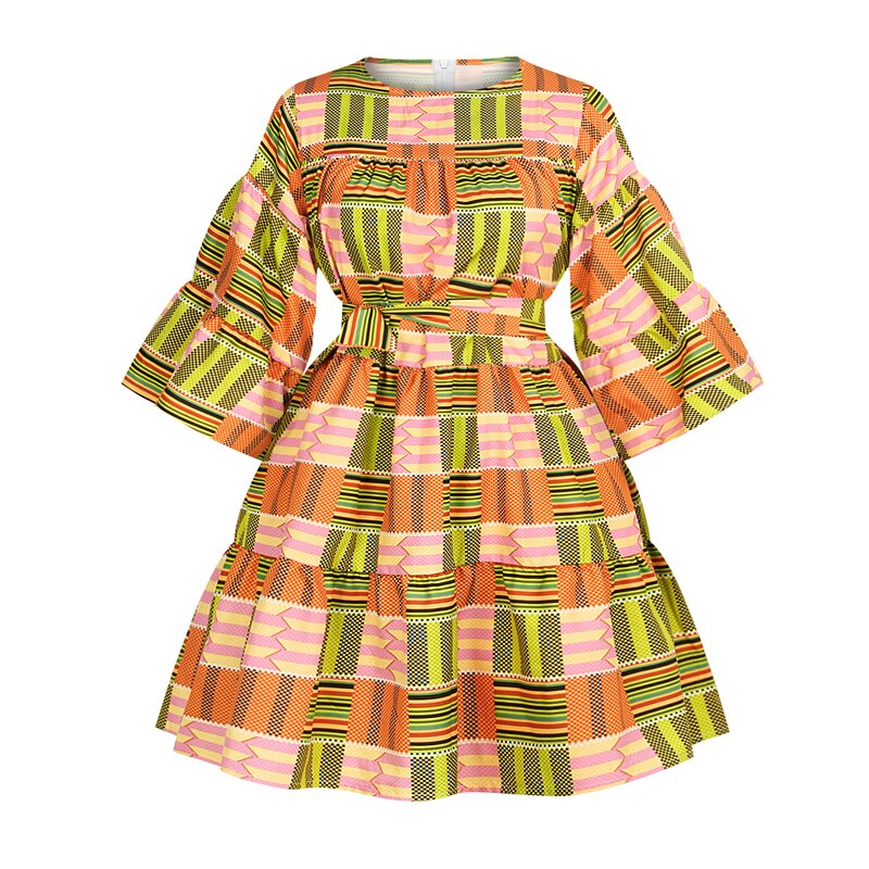 Langarm Kleid Frauen Afrikanische Kleidung Floral Print Dashiki Bazin Kurzen Rock Set mit Gürtel Trompete Hülse Kleider Neue: Color3 / XL