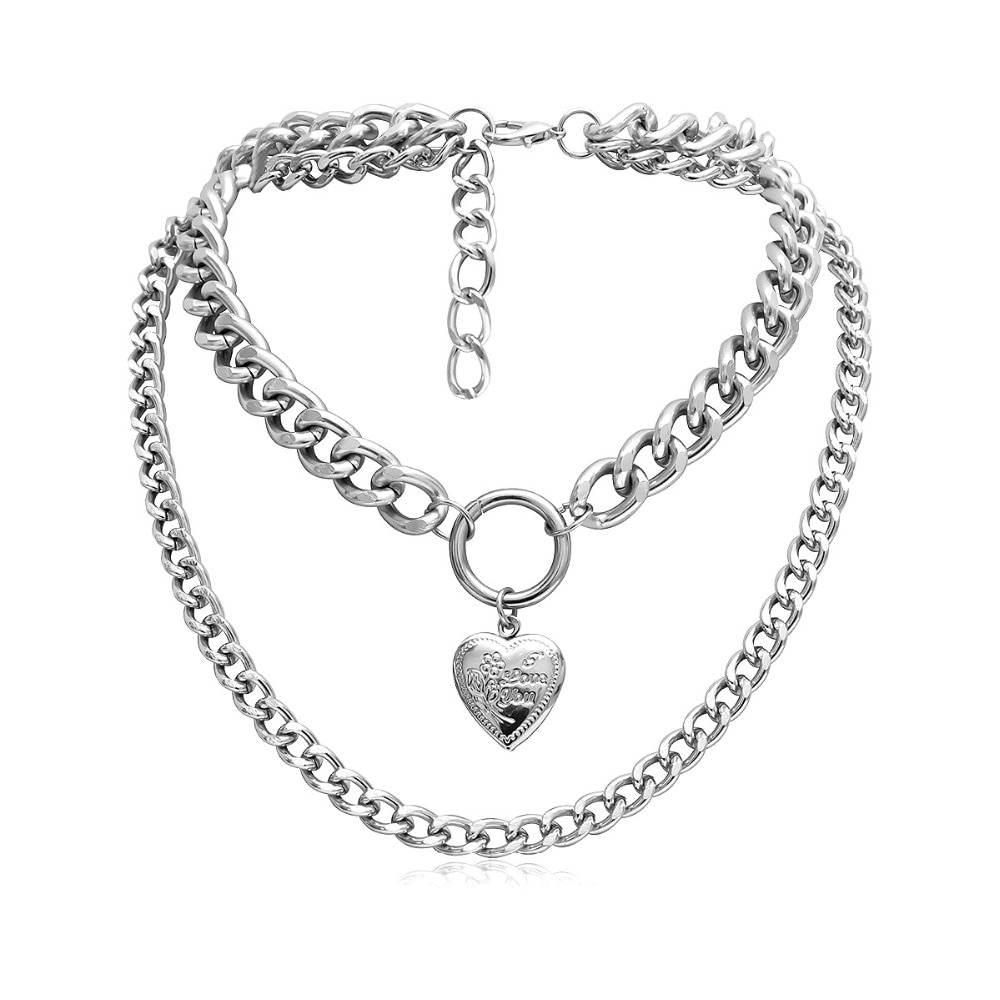 Punk Metalen Hart Choker Ketting Voor Vrouwen Grote Dikke Ketting Ronde Hollow Multilayer Hanger Lange Kettingen Sieraden