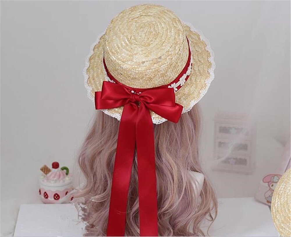 Mori Girl Cute Big Bow Lace Ribbon Lolita Straw Hat Sweet Princess Lolita Flat Cap Beach Cap B1527: 2