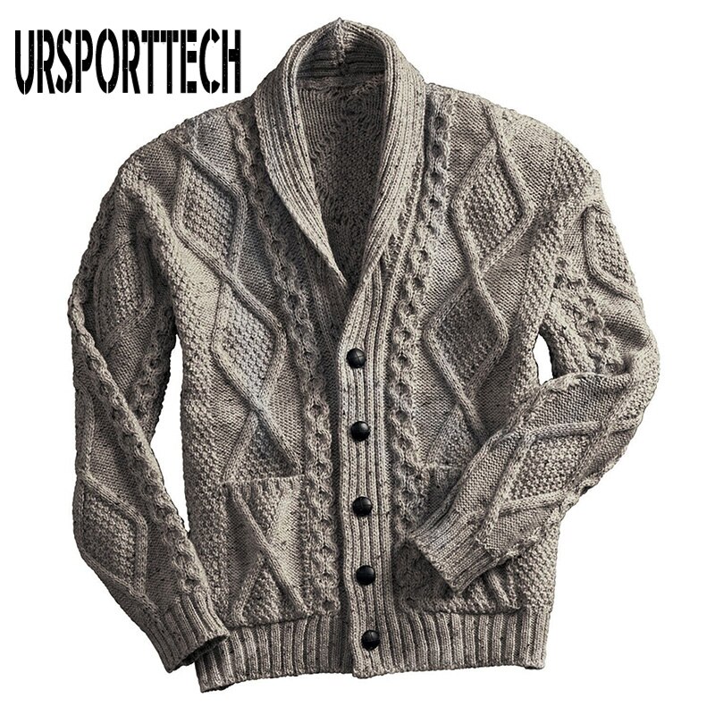 100%  irländsk merinoull aran button herrtröja höst vinter kofta tröja slim fit varm stickad tröja kappa