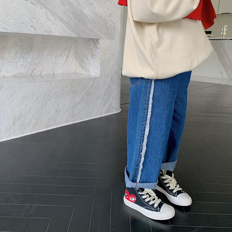 Jean à lisière rugueuse sur le côté pour filles, pantalon en denim à jambes larges assorti pour enfants de 2 à 7 ans, à la , printemps
