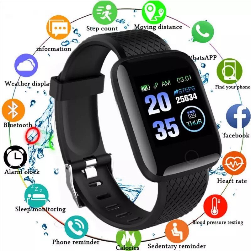 Reloj de pulsera inteligente 116 PLUS, dispositivo resistente al agua IP67, con pantalla a Color, control del ritmo cardíaco y de la presión sanguínea
