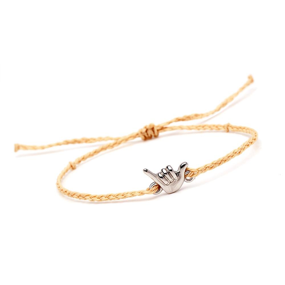 Leuke Zinklegering Shaka Charm Gevlochten Vriendschap Armbanden Vrouwen Mannen Geluk Hello Hawaii Gebaar Wax Draad Island Surf Sieraden: Goud-kleur