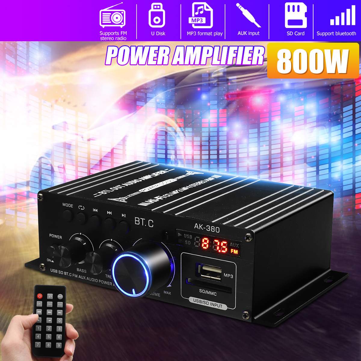 AK35 AK380 800W Domowe wzmacniacze mocy 2-kanałowy Bluetooth 5.0 Dźwięk przestrzenny FM USB Pilot zdalnego sterowania Mini wzmacniacz cyfrowy HIFI