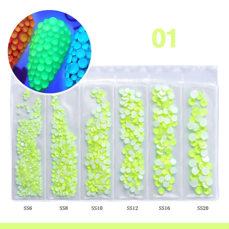Diamantes de imitación fluorescentes para decoración de uñas, gemas de neón de tamaño mixto, arte de uñas, diamantes 3D, decoraciones DIY, 6 rejillas: 01 Yellow