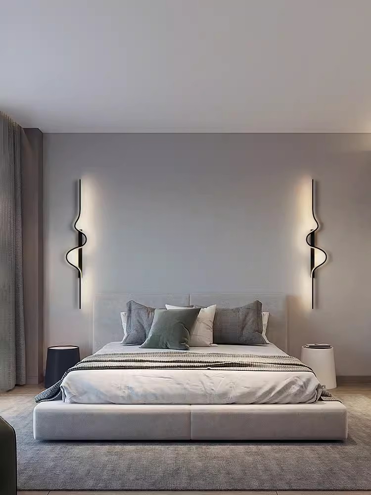 Minimalistisk led-væglampe til sengebord, stue, soveværelse, trappe, korridor, køkken, butik, tv, baggrund, moderne, sort, natbelysning