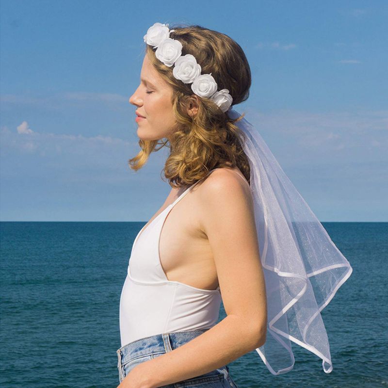 femmes mariée fleur cheveux couronne avec blanc mariage voile bandeau couronne réglable à lacets ruban Bachelorette partie