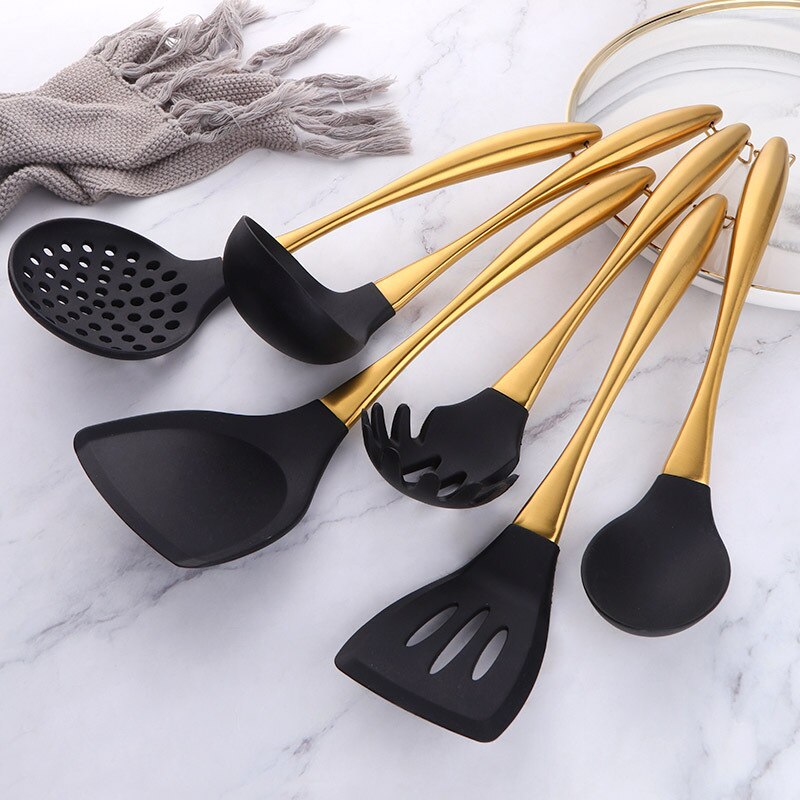 7pcs/set Solid Color Silicone Kitchenware Household Kitchen Stainless Steel Handle Kitchenware Cooking Kitchenware Kithchenware