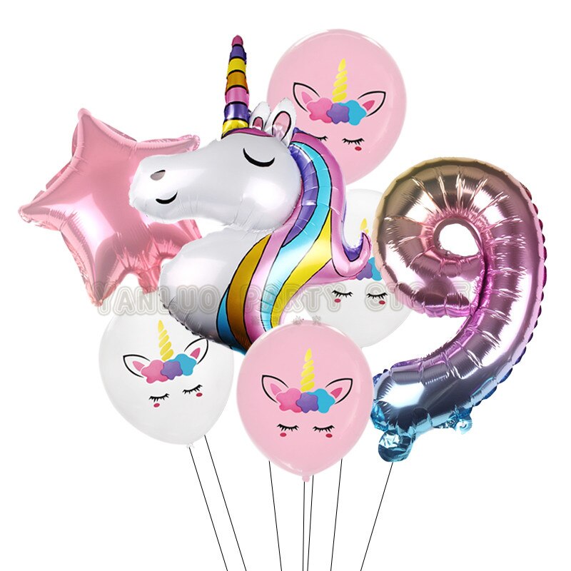 7 stk/parti regnbue enhjørning fest ballonger enhjørning bursdag dekorasjon nummer ballong barnebursdag fest baby dusj dekor globos: 9