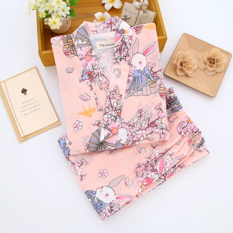 Japanilainen söpö kani kimono perinteinen pyjama-setti naisten kevät- ja syksypuuvillainen harso höyrytettyjen vaatteiden kotipalvelu yukata: Oranssi / M