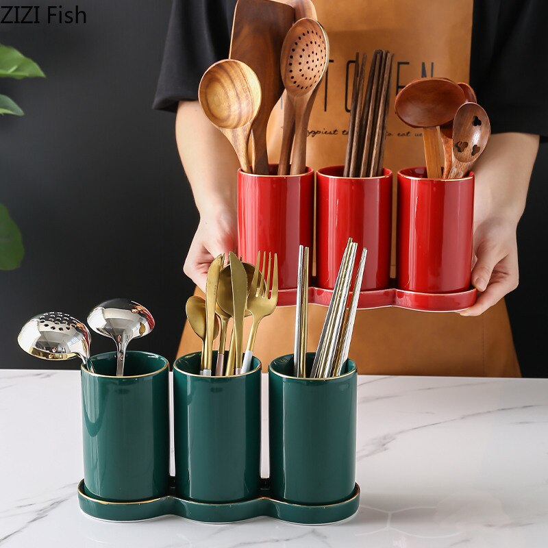Pot de stockage de baguettes en céramique support de vidange étanche à l'humidité trois pièces costume cuillère en verre vaisselle outil de stockage outils de cuisine à la maison