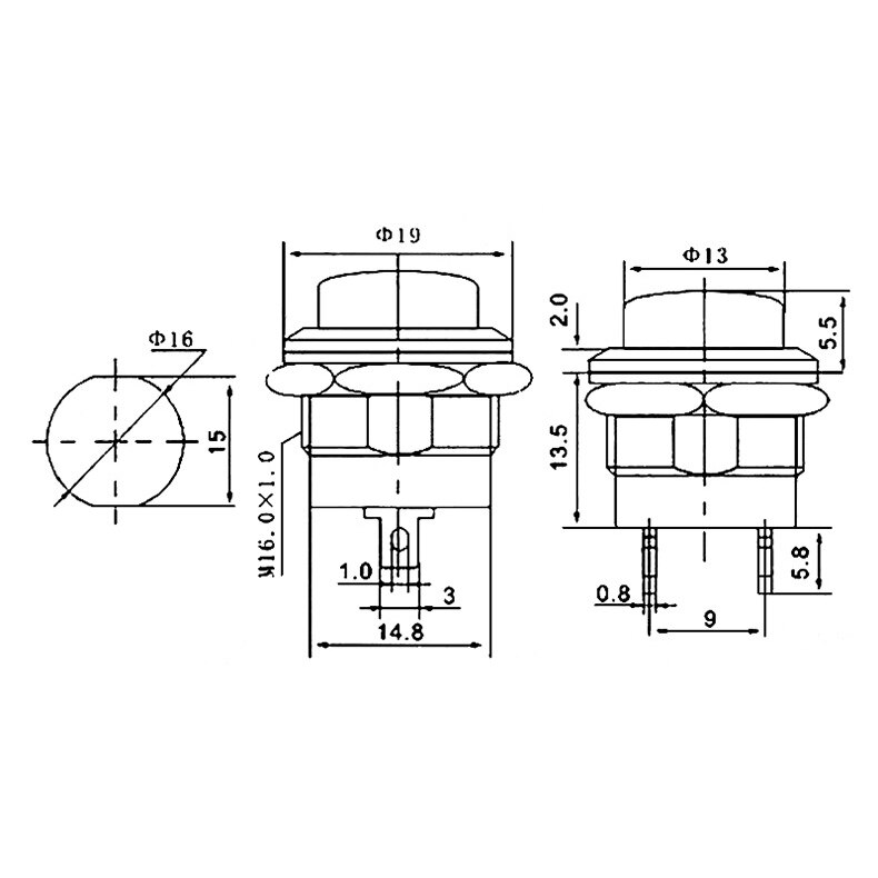 15cm xh2.54 16mm r13-507 16mm 125v 6a 22 awg lille vandtæt selv-reset øjeblikkelig  xh 2.54 2.54mm trykknap switch ledningsnet