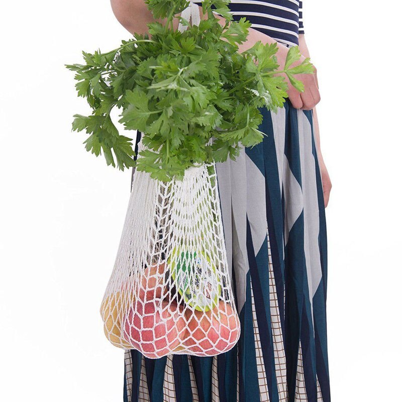 Portable Reusable Grocery Bags Fruit Vegetable Bag Washable Cotton Mesh String Organic Organizer Handbag Short Handle Net Tote