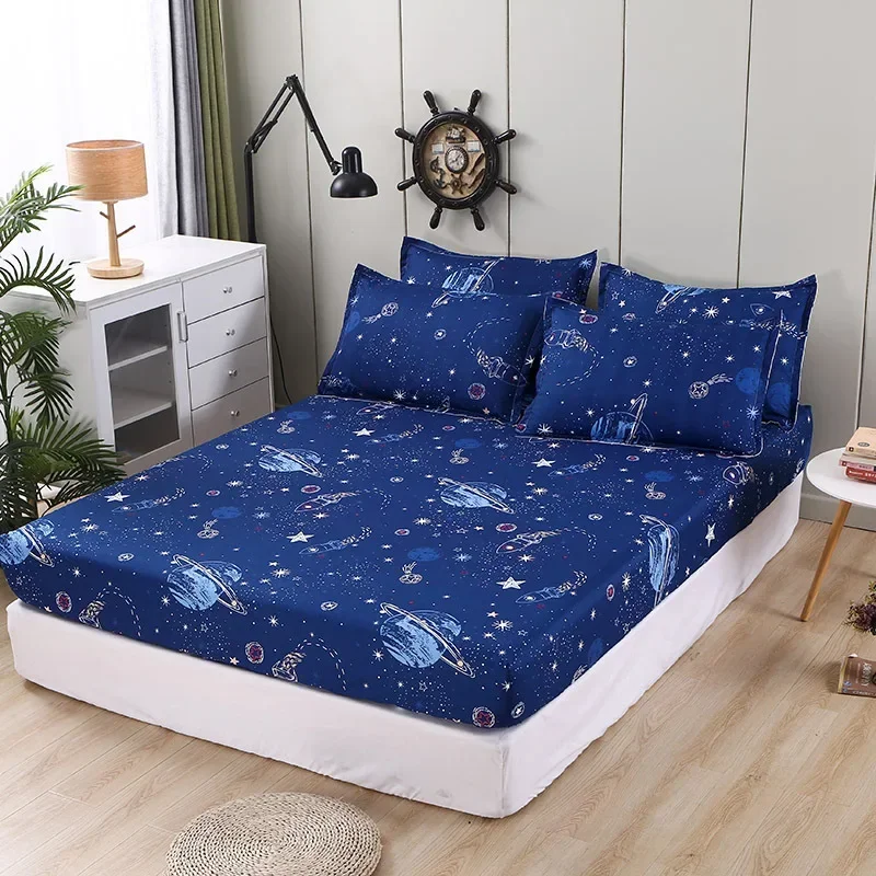 Polyester Print Fitted Sheet with Elastic Band Non Slip Mattress Cover Pillowcase for Single Double Bed 90/120/150/180cm