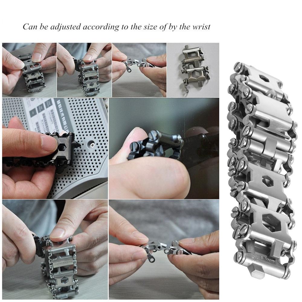 29 en 1 Bracelet multifonction Bracelet de bande de roulement en acier inoxydable boulon pilote trousse à outils amical portable vélo Pesca Multitool outil