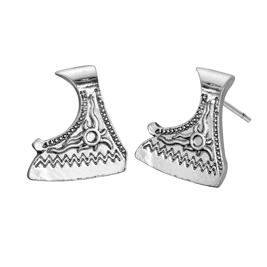 QIAMNI Vintage Valknut Viking Axe Male Stud Earrings Bijoux Pagan Amulet Viking Hip-hop Slavic Jewelry Christmas: Silver Plated