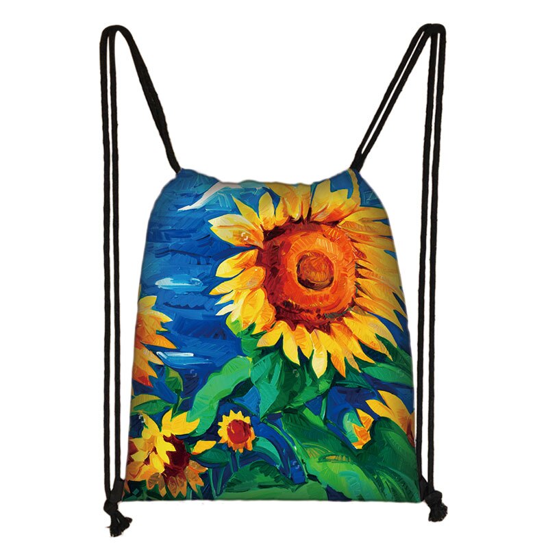 Van Gogh Sunflower Starry Night Drawstring Bag Women Canvas Storage Bags Casual Backpack Ladies Travel Bag: skdsunflower13
