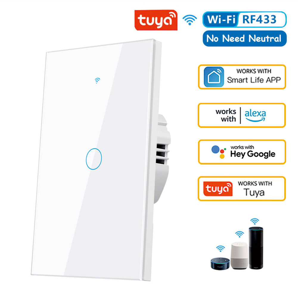 Tuya US WiFi Smart Wall Switch RF433 1/2/3/4 Gang No Neutral Wire Touch Sensor LED Light Switches Smart Home Alexa Google Home: Bundle1