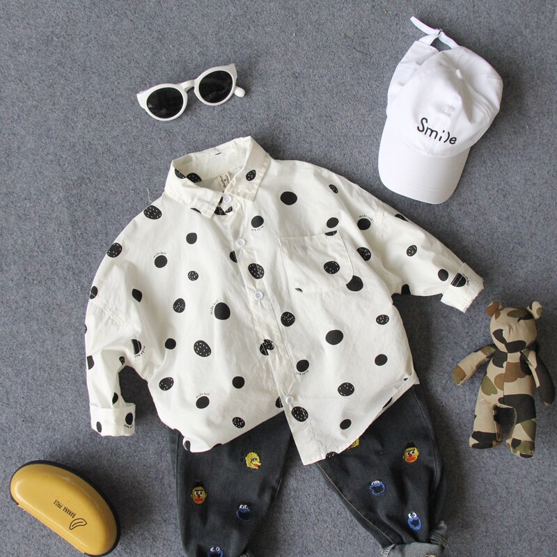 autumn 2-7Y style boys loose polka dot shirt kids long sleeve shirt 1pc boys spring autumn shirt