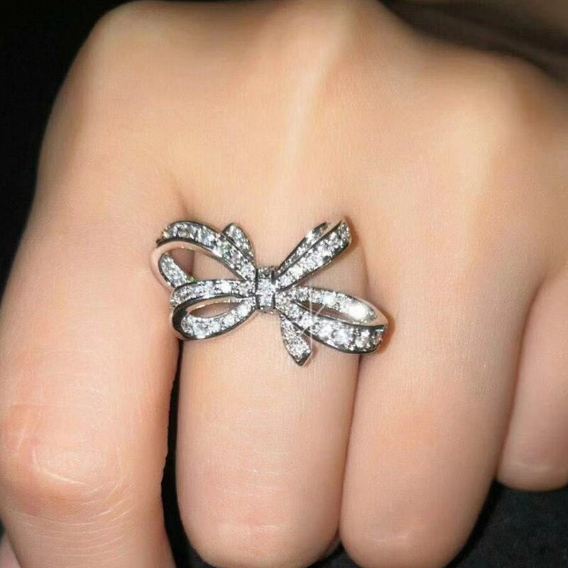 Lxoen Mode Vrouwen Strik Engagement Ring Met Zilveren Kleur Inlay Zirconia Kristal Vinger Ringen Sieraden Accessoires