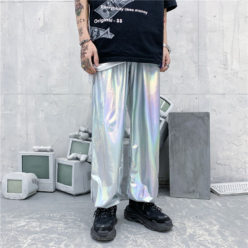 M-XXL moda solta ajuste calças punk estilo prata couro streetwear dança clube noturno gótico legal hip hop calças para homem xxl