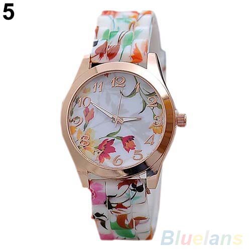 Mode Vrouwen Bloemenprint Silicon Band Arabische Cijfers Wijzerplaat Quartz Horloge Armband