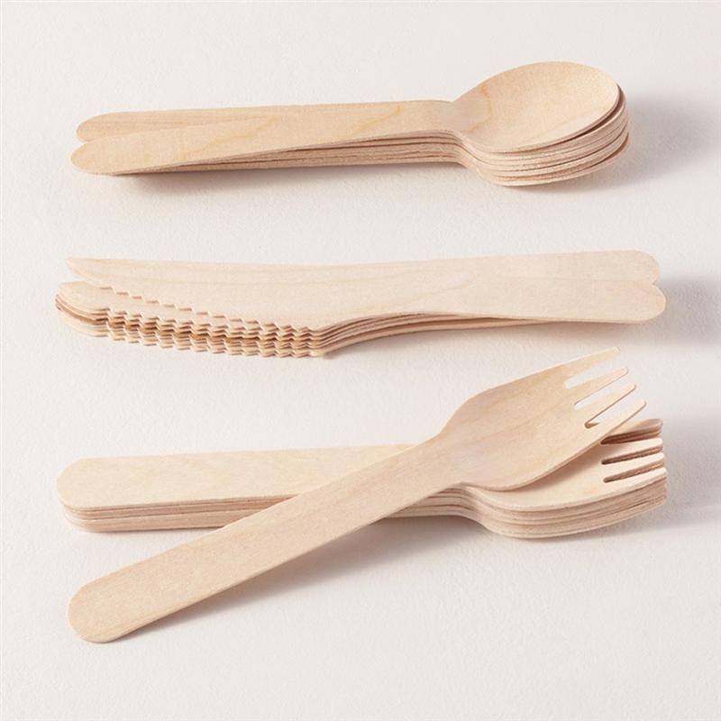 24Pcs Wegwerp Houten Bestek Vorken Lepels Messen Servies Feestartikelen