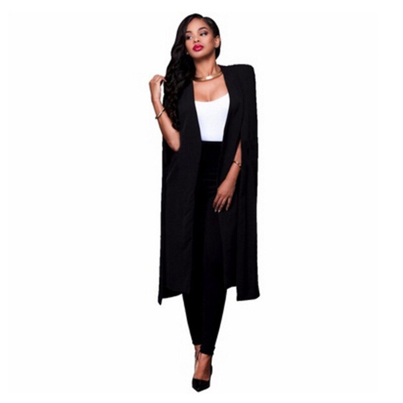 Longue veste-cape pour femme, blazer long, cape, manteau féminin, , noir blanc, personnalité, col ouvert, fente, veste, costumes, vêtements travail: Black / XXL