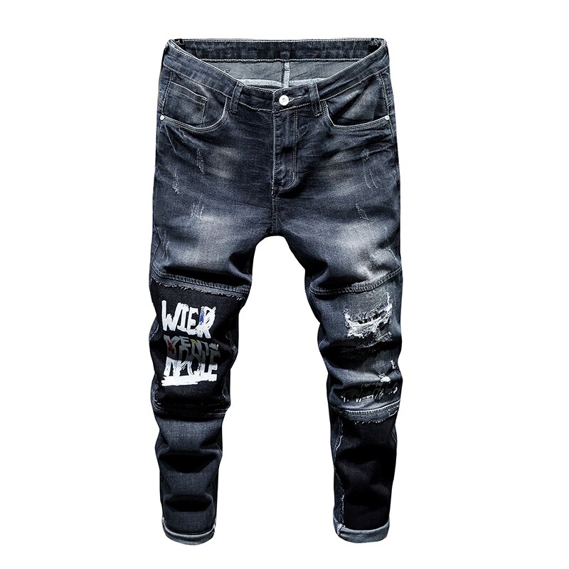 Men Jeans Patchwork Ripped Hole Male Denim Pants Letter Printing Casual Hip Hop High Street Mens Clothing