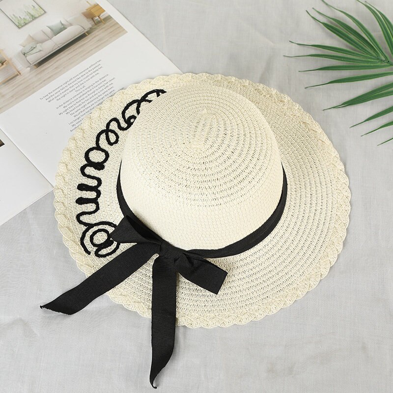 Chapeau de soleil pour enfants, chapeau de soleil pour enfants, mignon, chapeau avec nœud, en paille, fait à la main, pour femmes, chapeau de plage à grand bord, pour filles, décontracté: WHITE / M