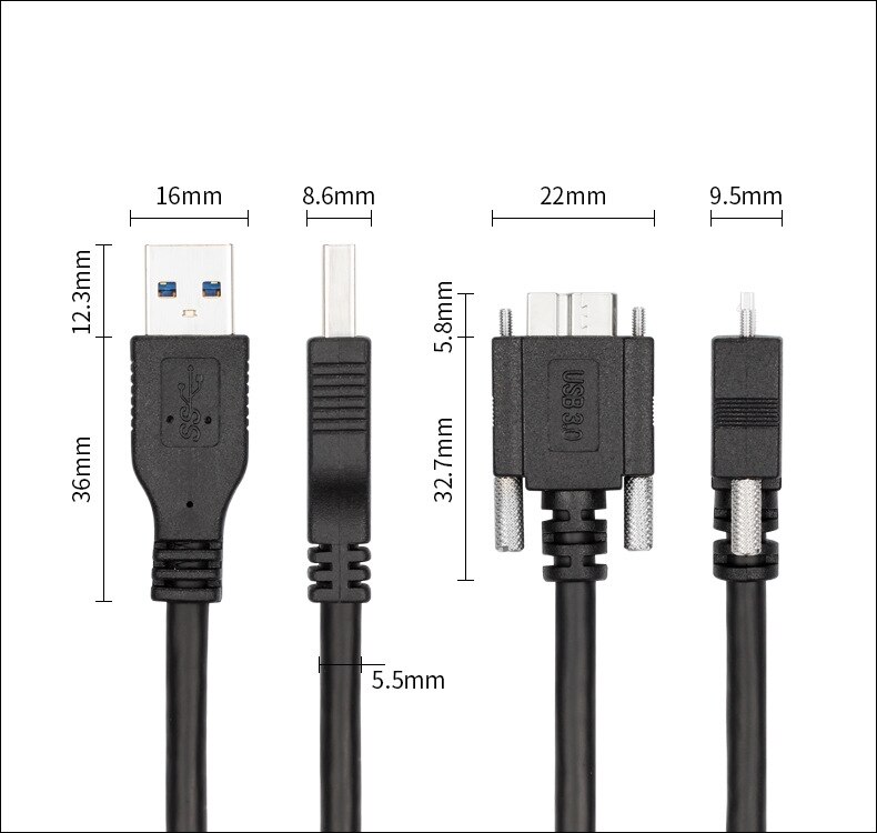 2m/3m USB 3.0 A/M to Micro B/M with Dual Screw Locking Cable SuperSpeed Supported, USB3 Vision Camera Compatible